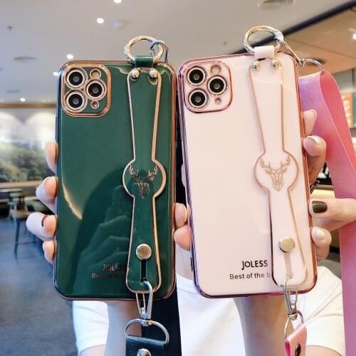 Shockproof Solid Plating Soft Case For iPhone 12 Mini 11 Pro XS Max XR 7 8 Plus Bracelet Rope Necklace Hanging Crossbody Cover