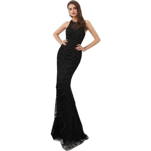 Luxury Black Tulle with Sequined Sleeveless Mermaid Prom Dress Evening Gown Robe de soiree Fishtail Vestido de noche 72304