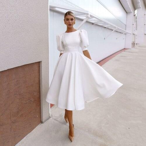 UZN White Short Satin Wedding Dress Scoop Neckline Puff Sleeves Bridal Gown Sexy Hollow Out Back Vestido De Novia