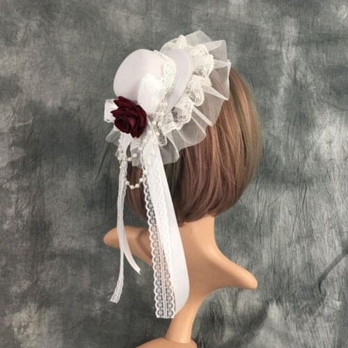 Japanese Lolita Vintage Small Top Hat Hairpin Ruffles Lace Ribbon Bow Rose Flower Headdress Performance Hair Accessories