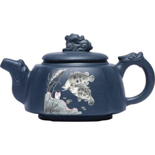 Mud Painted Fish Fun Quartet Dragon Statue Zisha Teapot Yixing Handmade Pot Kung-fu Teaware Purple Clay Drinkware For Puer