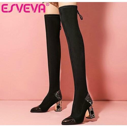 ESVEVA 2021 Mixed Color Pointed Toe Square High Heel Flock Over The Knee Boots Platform Lace Up Women Boots Shoes Size 34-39