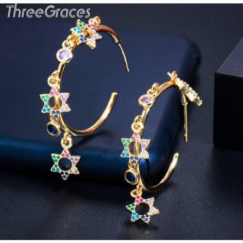 ThreeGraces Exquisite Tassel Colorful Lucky Star Yellow Gold Circle Hoop Earrings for Women Fashion Cubic Zirconia Jewelry ER561