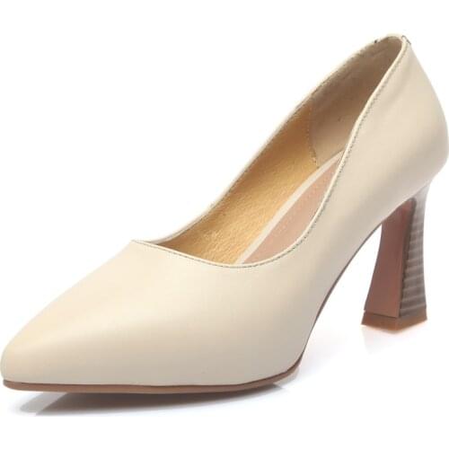 SmallHut Spring Women Pumps Lady Part Shoes Genuien Cow Leather Sexy Black Beige Woman Pointed Toe Retro High Hoof Heels M042