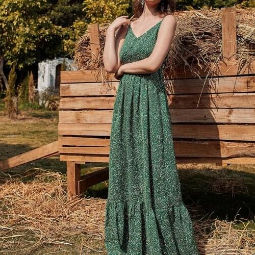 Summer New Suspender V-Collar Dress Chiffon High Waist Flower Fish Tail Printed Long Skirt Big Swing