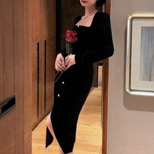 Korean Fashion Vintage Midi Dresses Women Long Sleeve Retro Evening Party Dress 2021 Autumn Elegant Black Bodycon Dress Female