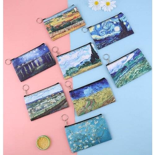 1 Pcs New Mini Vintage Oil Painting Coin Purse Women Girls Fashion Printed PU Wallet Lipstick Portable Money Purse Pocket Bag