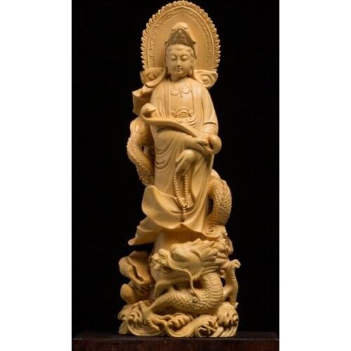 18/22CM Dragon Guanyin Wood Bouddha Statue Buddha Carving God Buda Craft Feng Shui Home Decoration Wall Decors