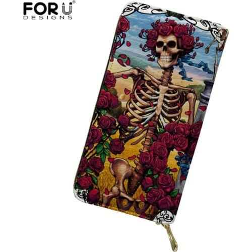 FORUDESIGNS Luxury Ladies PU Leather Wallet Sugar Skull Pattern Women Fashion Long Purse Brand Design Credit Card Bag Clutch Bag