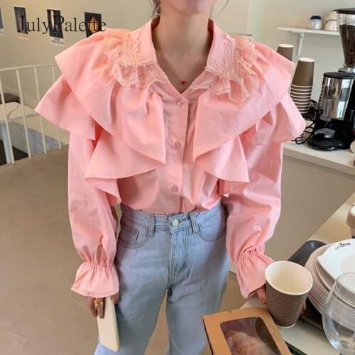 JulyPalette Casual Ruffled Women Blouse Shirt Fashion Lace Splice Flare Sleeve Female Tops Blouse Office Lady Loose Blouse