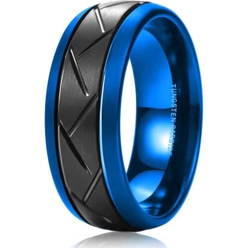 8mm Black Stainless Steel Ring Zigzag Groove Line Tire Tread Motorcycle Rings for Men Durable Matte Brushed Mens Wedding Band