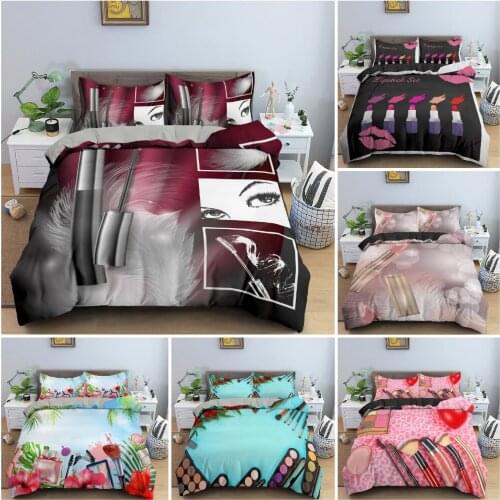 Fashion Womens Cosmetics Bedding Set Girls Bedroom Duvet Cover Set King Queen Twin Size Luxury Bedclothes Home Decor 2/3Pcs