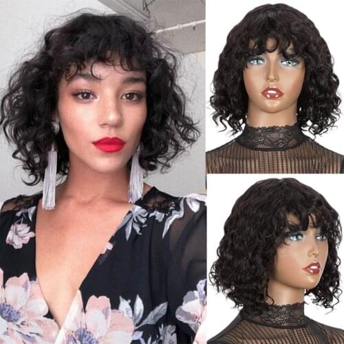 Rebecca Short Curly Wig Human hair Full Wigs For Black Women Peruvian Remy Bouncy Curly Water Wave Cute Bob Human Hair Bangs Wig