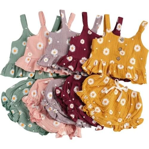 2Pcs Toddler Baby Girl Clothes Daisy Flower Printed Ruffle Hem Sleeveless Tank Top+Triangle Short Pant Summer Outfit