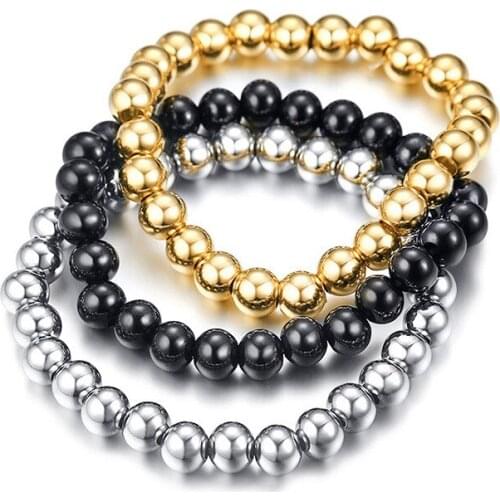 Fashion Gold 316L Stainless Steel Beads Bracelets for Men High Polished Pulseira Stretch Rope Jewelry Male Dropshipping 3 Color