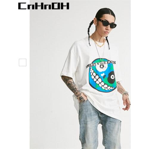 CnHnOH New Arrival Teeshirt Homme Mens Oversized Hip Hop Clothing Tee Shirt Smile Face Earth T-shirts For Couple B017