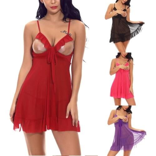 2 Pcs Women See-through Pajamas, Adults Sexy Solid Color V-neck Spaghetti Strap Ruffle Night Dress+Thong
