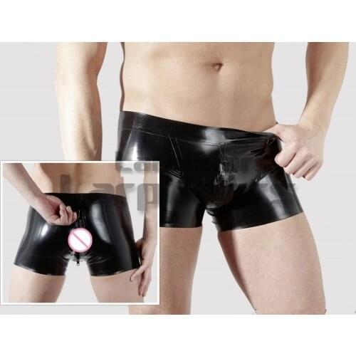 Handmade mens black latex boxer shorts with crotch zip