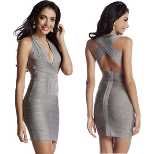 Grey criss cross deep v neck elastic knitted rayon bodycon hl bandage dresses