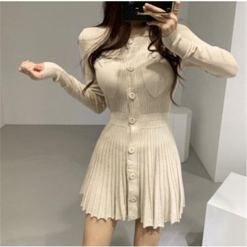 2020 New Arrivals Korean Minimalist Sweater Dress O-neck Single Breasted Long-sleeved Bag Hip Knitted Vestidos Winter