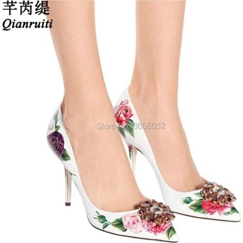 Qianruiti Sapato Feminino Spring Summer Sexy Ladies Shoes Party Wedding Pumps Printing Leather Rose Studded Crystal High Heels