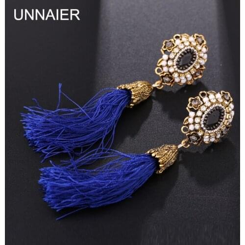 UNNAIER Neogoth personality Semi-precious stones Long earring Female tassel tassel Ear jewelry