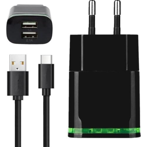USB Charger for iPhone Huawei A50 Android 5V 2A 2 Ports Universal Micro USB Type C Cable Fast Charge LED Light Wall EU Adapter