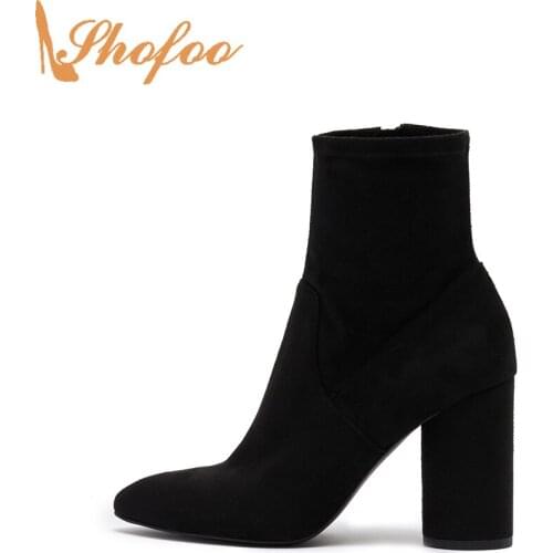 Black Ankle Boots High Round Heels Pointed Toe Woman Booties Zipper Large Size 12 15 Ladies Flock Fashion Mature Shoes Shofoo