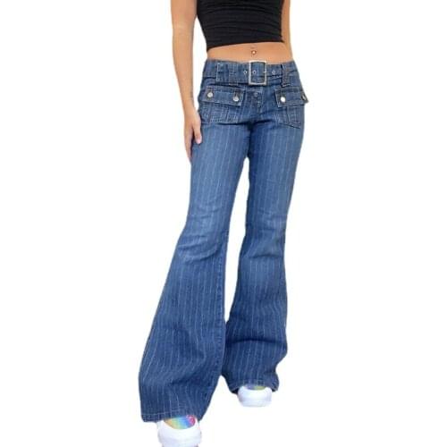 Women Pocket Stripe Wide Leg Denim Jeans High Waist Bandage New Women Spring Summer Jean Ladies Stretch Fare Bell Bottoms Pants