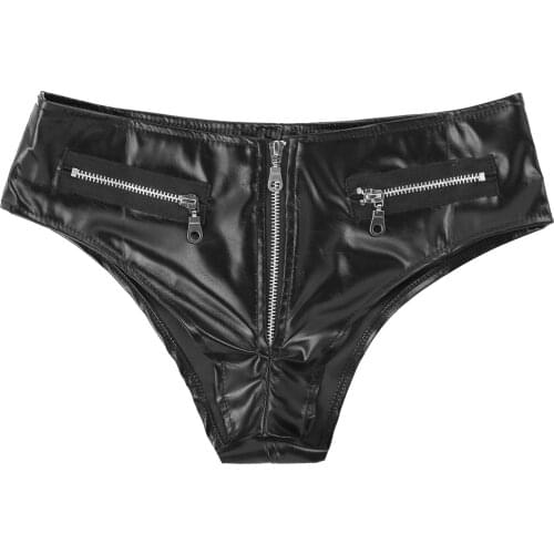 Womens Moto Punk Fashion Costumes Mini Shorts Leather Zipper Closure Wet Look Booty Shorts Party Clubwear Low Waist Hot Pants