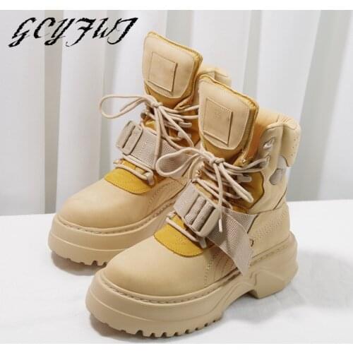 Womens Mid Calf Boots Genuine Leather Lace-Up Flat Platform Botas De Mujer Thick Bottom Buckle Strap Mixed Colors Women Shoes