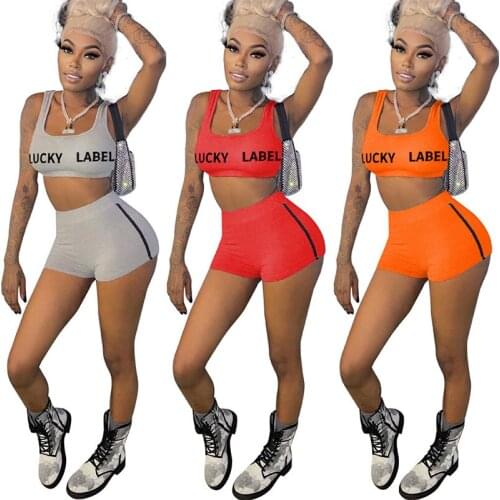LUCKY LABLE Letter Print Women Two Piece Set Summer Sleeveless Crop Top And Casual Shorts Sexy Night Clubwear Sports Suits