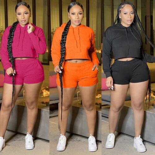 Women Hooded Two Piece Set 2021 Autumn Solid Long Sleeve Sweatshirt Drawstring Shorts Loose Casual Tracksuit Outfit Strings