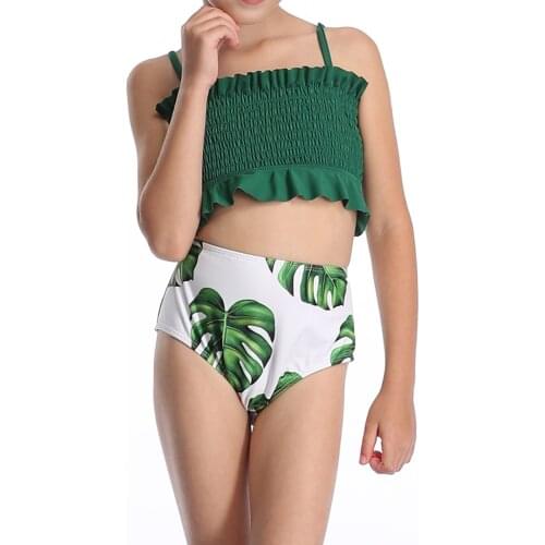 Girl Swimsuit Pleated Solid Color Tube Top Girls cabled bikini pleated solid color print tube top swimsuit