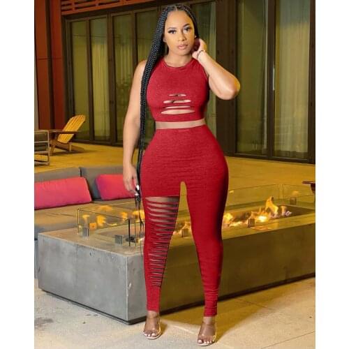 2021 Summer Casual Fashion Street Ladies Slim Street Sexy Nightclub Solid Color Hole Vest Sleeveless Two-Piece Set