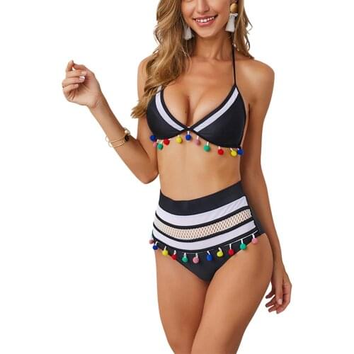 High Waist Bikini Set Swimwear Women Tassels Colorful Ball Bikini Swimsuit Female Push Up Bathing Suit Brazilian Biquinis