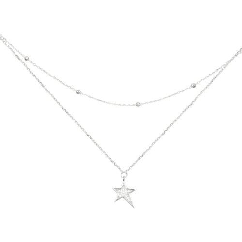 925 Sterling Silver Double Layer Bead Chain Star Pendant Necklace Micro Cubic Zirconia Choker Necklace For Women S-N464