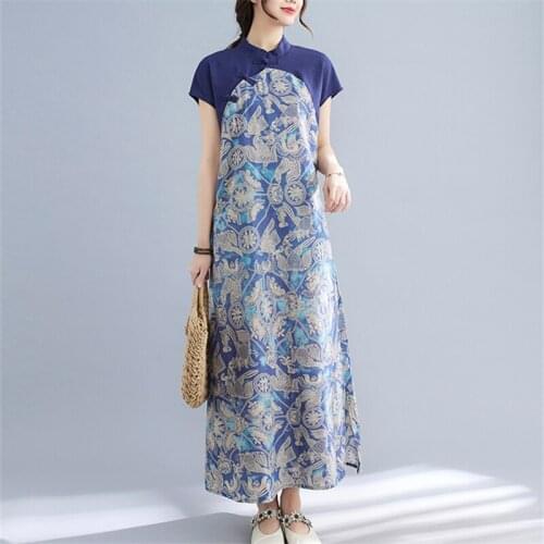 2021 Summer Fashion New Mid-Length Stand-Up Collar Sleeveless Slimming Cotton And Linen Printed Cheongsam Dress Female Trend