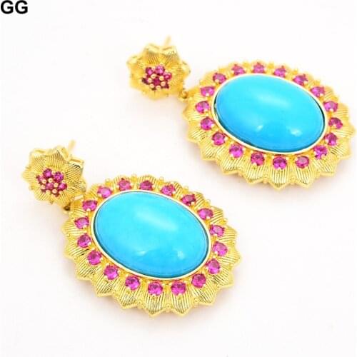GuaiGuai Jewelry Vintage Earrings Oval Turquoise Blue Jade Gold Plated Cz Crystal Flower Stud Earrings
