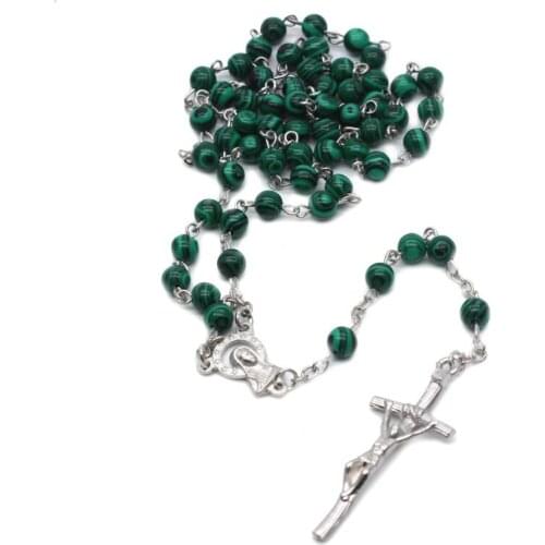 Malachite Cross Pendant Rosary Beads Chain Necklace Christian Religion Men Women Jewelry Charm Gift
