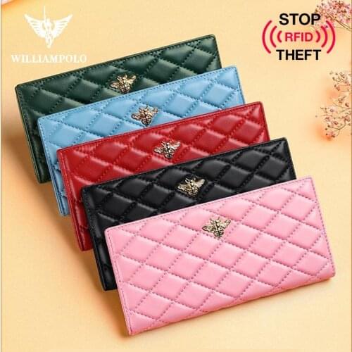 Wallet Fashion Sheepskin RFID Long Women Ultra-Thin Bi-fold Card Holder Purse Interflower Elf Bee Series Anti-Theft Brush