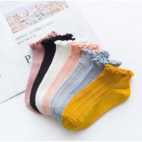 7 Pairs Bamboo Ruffles Socks Cotton Ankle Lovely Frilly Edge Girls' Women Socks Sweet Casual Short Tube Lady Vintage Boat Socks