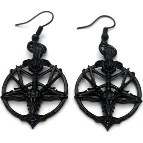 New Fashion Glamour Retro Womens Pentagram Pan God Skull Goat Head Pendant Earrings Black Silver Color Gothic Witch Jewelry