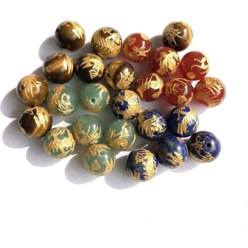 Wholesale 6 beads/lot Natural Clear Quartz,Aventurine Lapis Tiger Eye 12mm Gold Dragon Craved Beads,Hand Craving Dragon beads