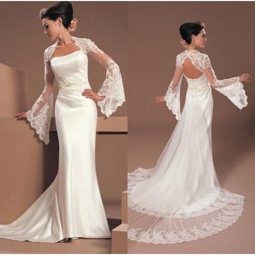 Sexy Womens New Tulle Lace Long Big Sleeve Wedding White Ivory Backless Bolero Cap Jackets Sheer Custom Made Bridal Jacket