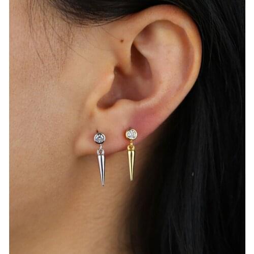 Simple minimal vermeil jewelry fine 100% 925 sterling silver geometric round cz spike charm stud earring