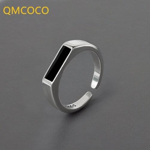 QMCOCO 925 Silver Trendy Rings For Women Vintage Minimalist Handmade Black Finger Jewelry Punk Hiphop Party Gifts