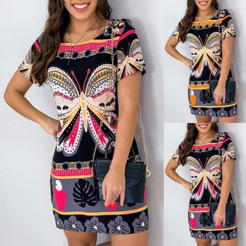 Vintage Butterfly Floral Print Mini Dress Womens Summer Casual Short Sleeve Graphic Round Neck Dress Ladies Sheath Dresses D30