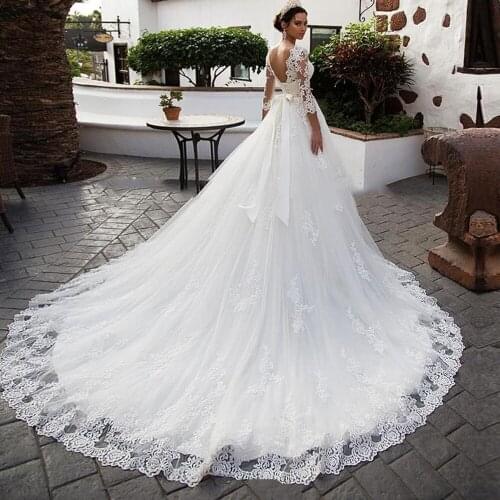 Luxurious White A Line Wedding Dresses Plus Size 3/4 Sleeves Appliques Lace-Up Back Robe De Marriage Bride Bridal Gowns 2021