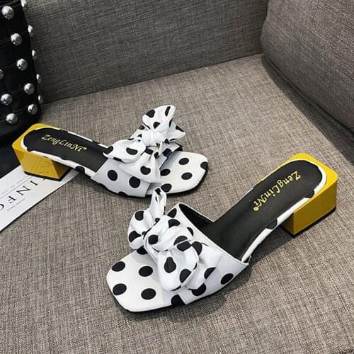 Women Peep Toe Casual Bow Knot Pot Square Heels Summer Slipper Slip on Breathable Beach Summer Sandals Shoes X1217